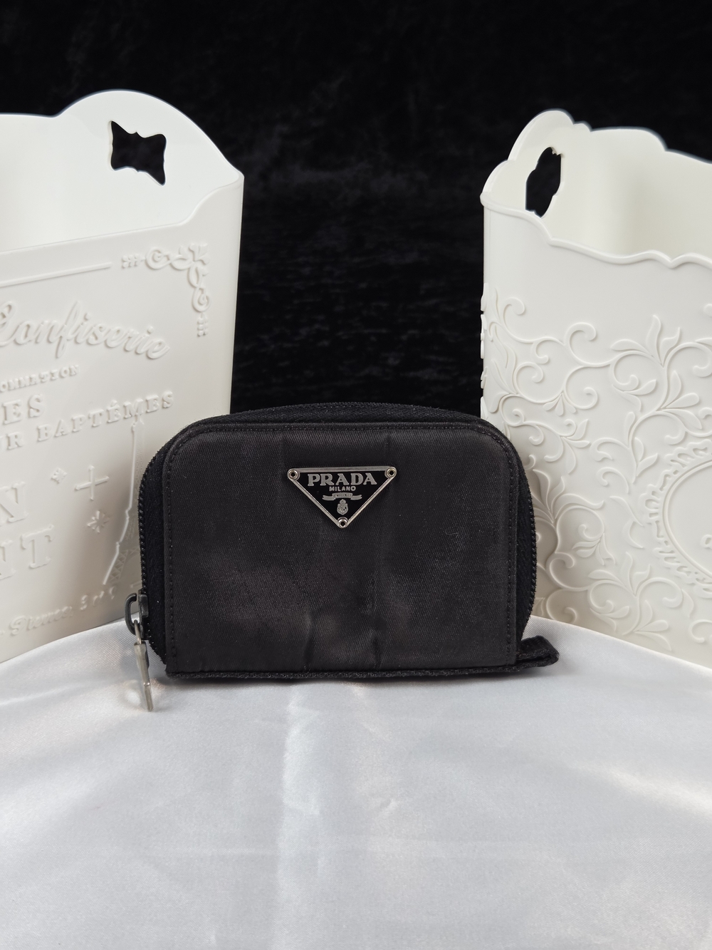 Prada Black Tessuto Nylon Zip Around Compact Wallet Coin Purse